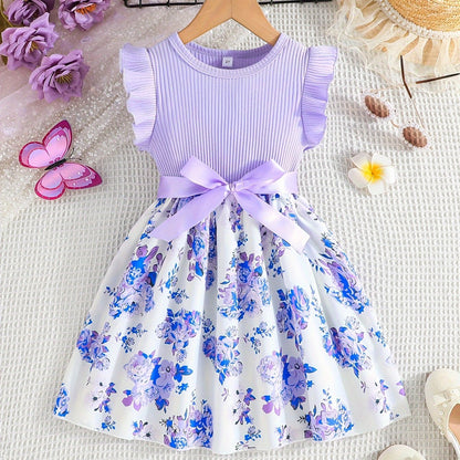 Charming Sweet Girls Floral Spliced Dress - Soft 93% Cotton, Perfect for Summer Parties & Gifts