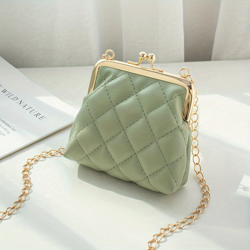 Mini Quilted Chain Crossbody Bag, Fashion Kiss Lock Coin Purse, Women's PU Leather Lipstick Bag