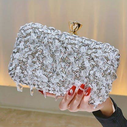 Beaded Sequins Evening Bag, Elegant Box Clutch Purse, Women's Wedding Handbags For Party Prom