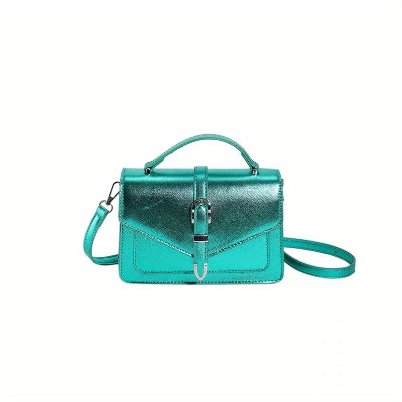 realaiot  Solid Color Crossbody Bag, Fashion Buckle Decor Handbags, Women's Small Flap Square Purse