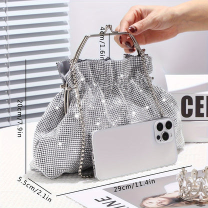 realaiot  Rhinestone Ruched Evening Bag, Luxury Bling-Bling Clutch Purse, Women's Dress Handbag For Wedding Party Prom Banquet