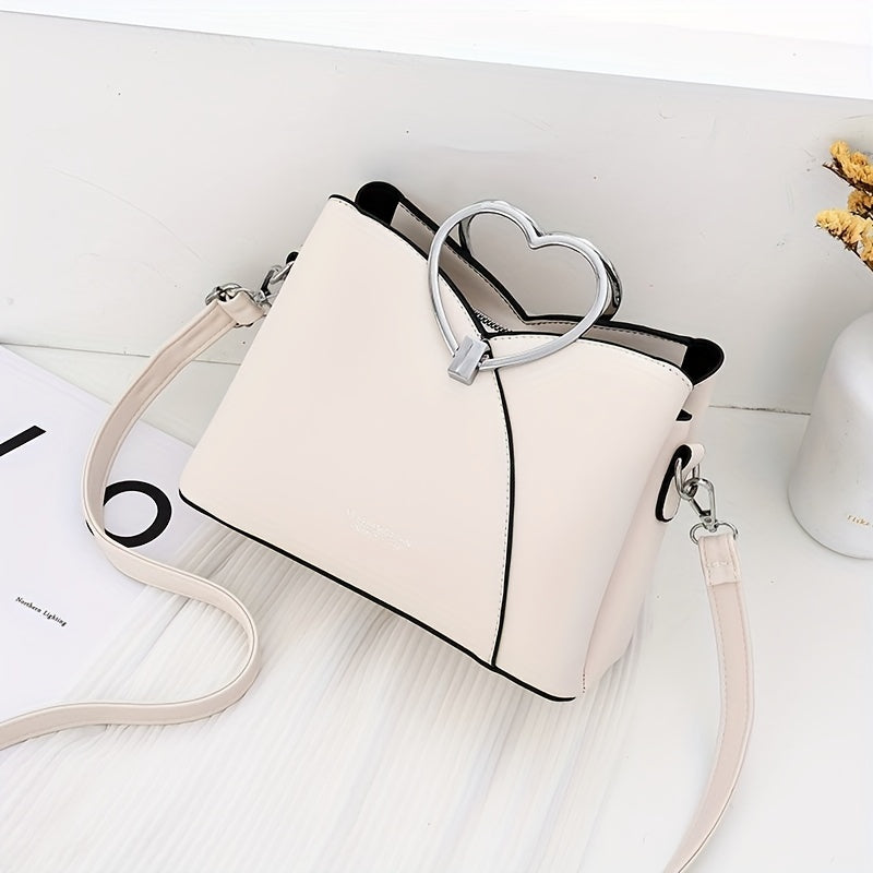 Metal Heart Shaped Handle Crossbody Bag, Solid Color PU Leather Textured Bag Purse, Classic Versatile Fashion Shoulder Bag