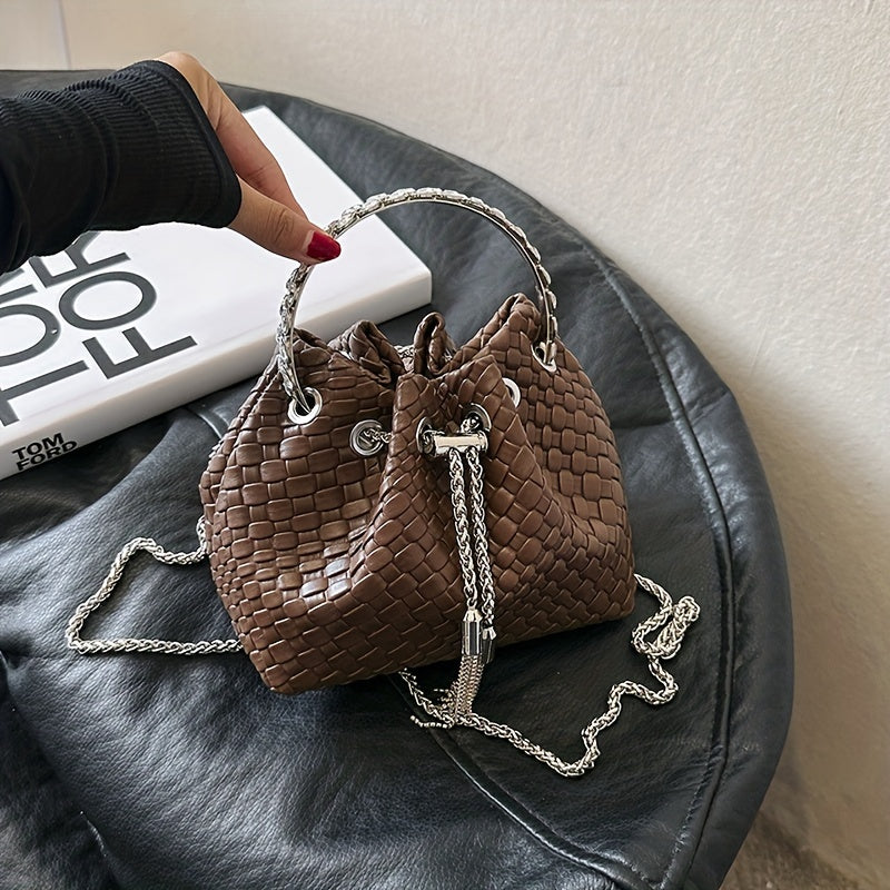 realaiot Mini Woven Bucket Bag For Women, Trendy Rhinestone Handbag, PU Leather Crossbody Bag With Chain Strap