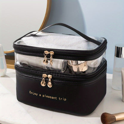 realaiot  Large Capacity Double-layer Cosmetic Bag, PU Transparent Portable Travel Storage Bag Toiletry Bag