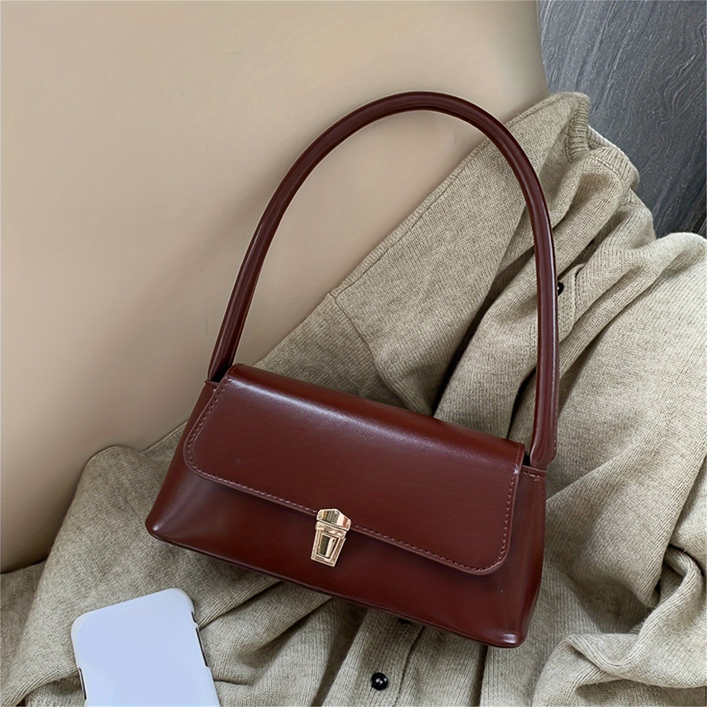 realaiot  Trendy All-match Flap Shoulder Bag, Simple Solid Color Baguette Bag, Perfect Casual Underarm Bag For Daily Use