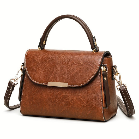 Vintage Solid Color Flap Shoulder Bag, PU Leather Zipper Handbag, Perfect Crossbody Bag For Daily Use