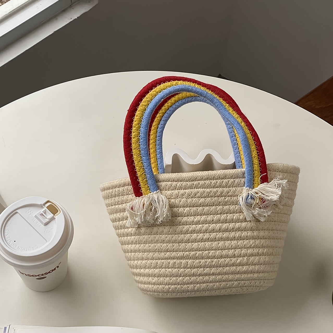 realaiot  Straw Woven Tote Bag, Rainbow Handle Basket Bag, Women's Casual Handbag For Beach Travel