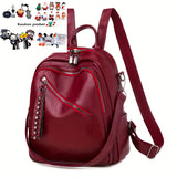 realaiot  Retro Solid Color Backpack, Waterproof Durable PU Leather Backpack With Pendant, Women's Fashion Simple School Bag & Purse