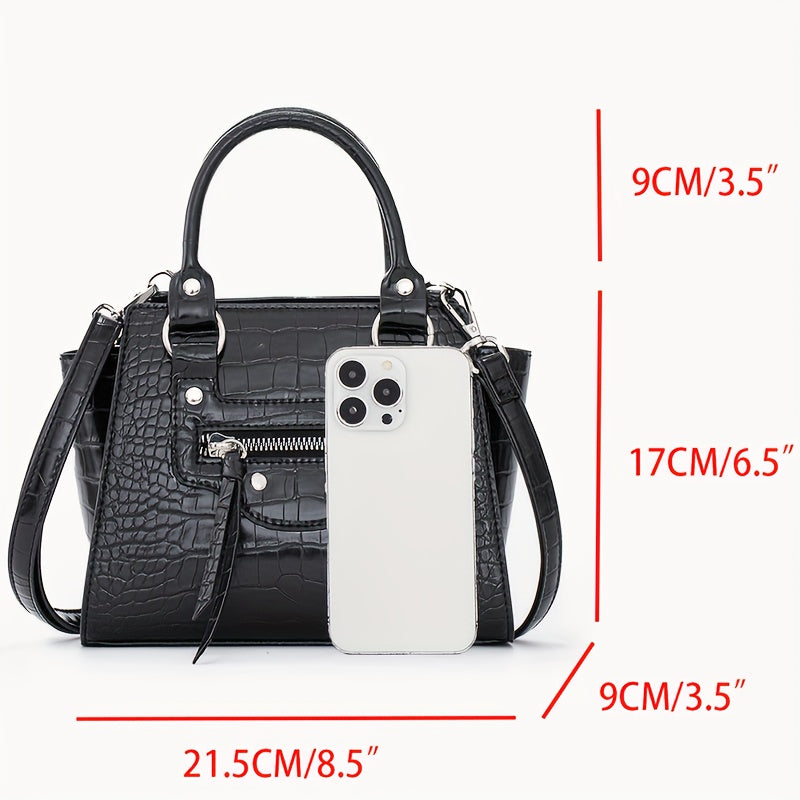 realaiot Black Crocodile Pattern Shoulder Bag, Classic Textured Top Handle Wallet For Women, Punk Style Handbag