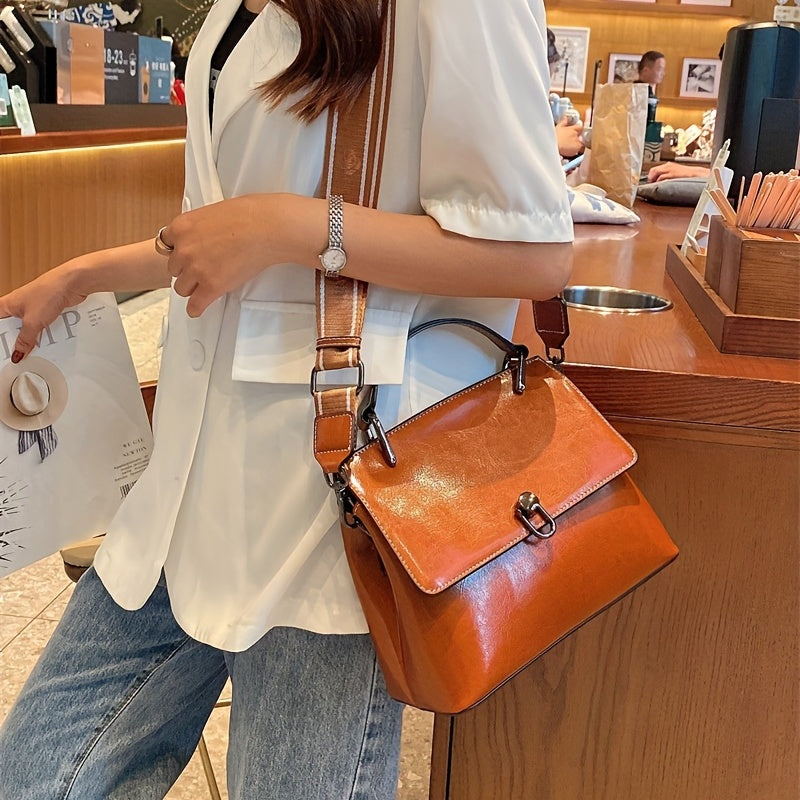 Vintage Oil Wax Leather Handbag For Women, Trendy Wide Strap Crossbody Bag, Top Handle Satchel Office & Work Purse