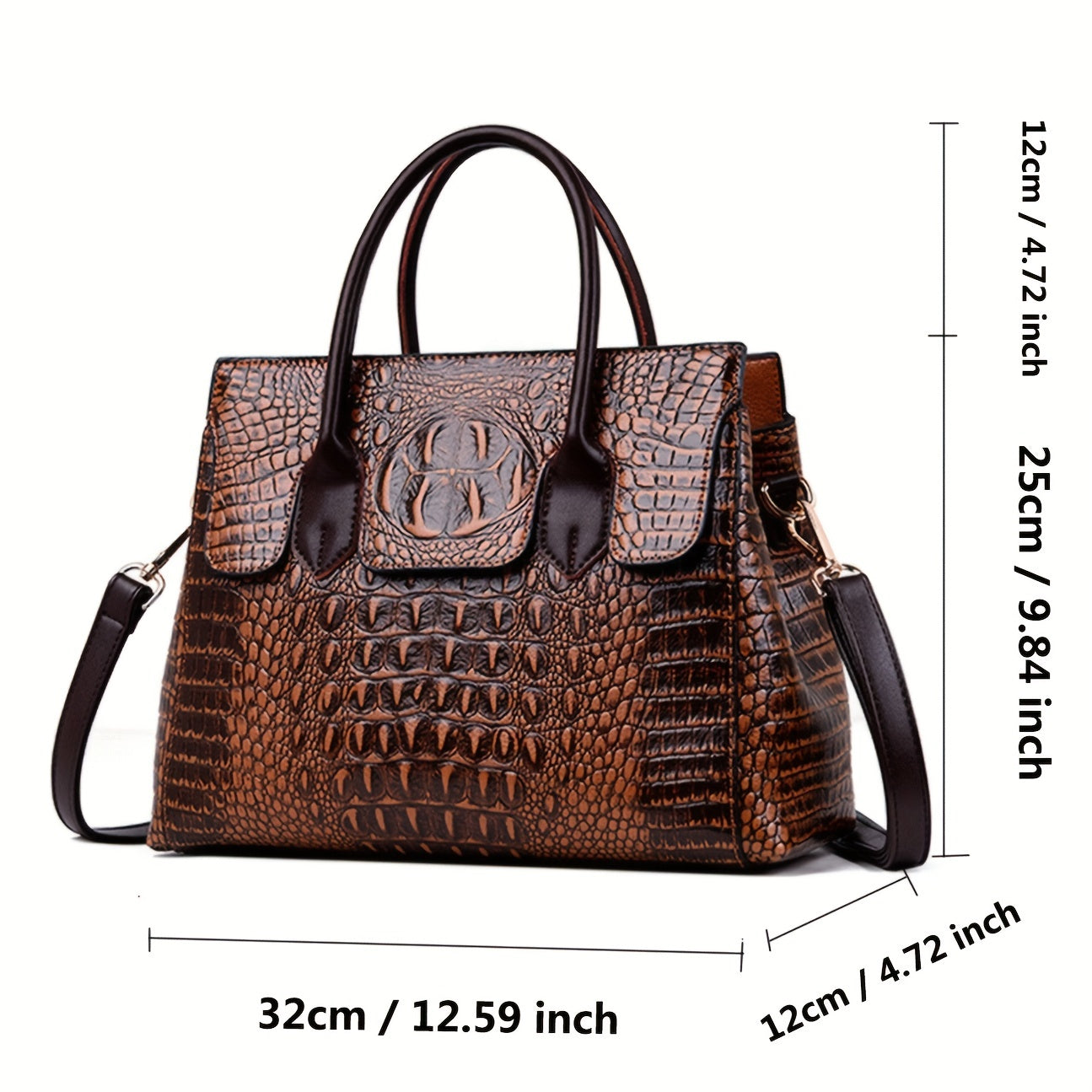 Retro Crocodile Embossed Tote Bag, Luxury Vegan Leather Satchel Purse, Large Capacity Crossbody Bag For Women