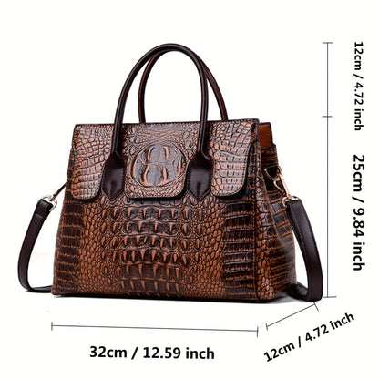 Retro Crocodile Embossed Tote Bag, Luxury Vegan Leather Satchel Purse, Large Capacity Crossbody Bag For Women