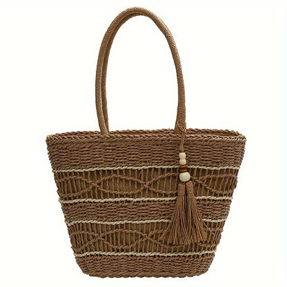 Summer Woven Straw Bag, Bohemian Tassel Decor Tote Bag, Retro Paper Straw Shoulder Bag For Travel Seaside Beach