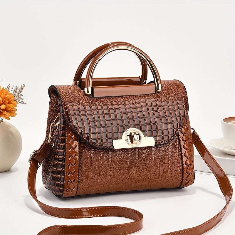 Luxury Crocodile Pattern Handbag, Trendy Glossy Crossbody Bag, Women's Flap Every Day Purse