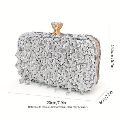 Beaded Sequins Evening Bag, Elegant Box Clutch Purse, Women's Wedding Handbags For Party Prom