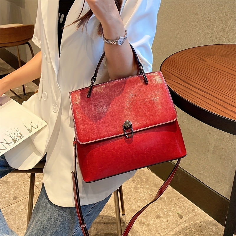 realaiot  Vintage Oil Wax Leather Handbag For Women, Trendy Wide Strap Crossbody Bag, Top Handle Satchel Office & Work Purse