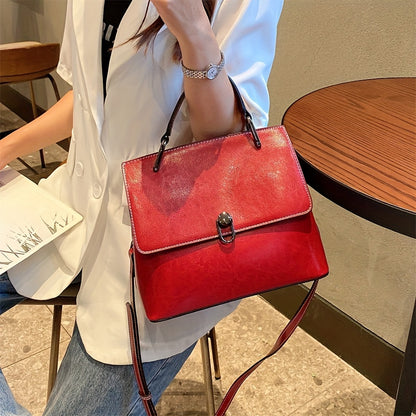 realaiot  Vintage Oil Wax Leather Handbag For Women, Trendy Wide Strap Crossbody Bag, Top Handle Satchel Office & Work Purse