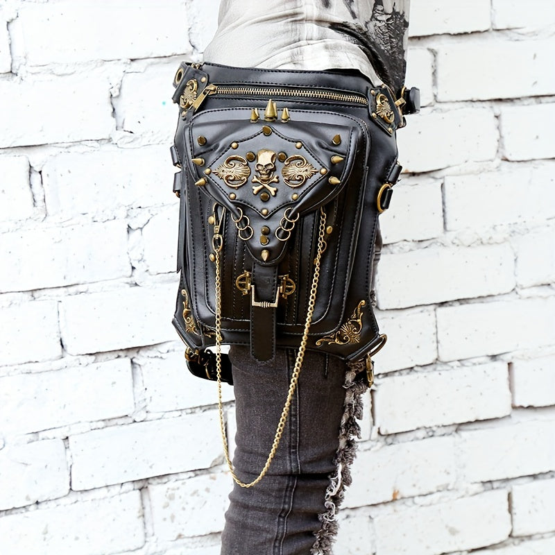 realaiot  Gothic Style Waist Bag, Skull & Studded Decor Crossbody Bag, Steampunk Motorcycle Bag For Outdoor Travel Sport