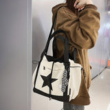 realaiot  Trendy Star Pattern Colorblock Shoulder Bag, Casual Drawstring Handbag, Versatile Niche Bag For School