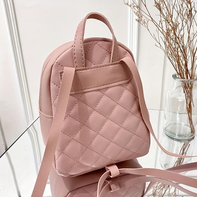 realaiot  Cute Small Women's Backpack, Rhombic Pattern Backpack With Adjustable Strap,Zipper Casual Shoulder Bag,Pink Bag,Coin Purse,Card Wallet,Mobile Casual Phone Bag,Casual Camera Bag,Lipstick Bag,Key Bag,Square Bag