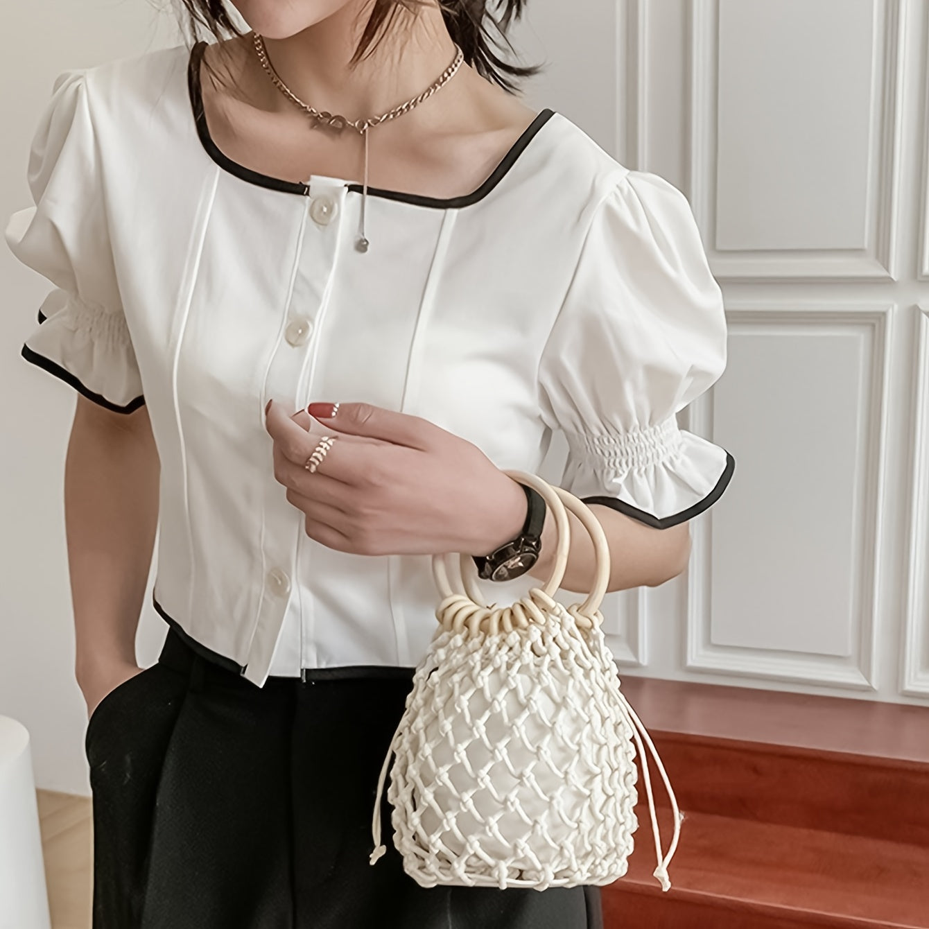 realaiotHollow Out Woven Handbag, Fashion Drawstring Bucket Bag, Women Round Handle Clutch Bag