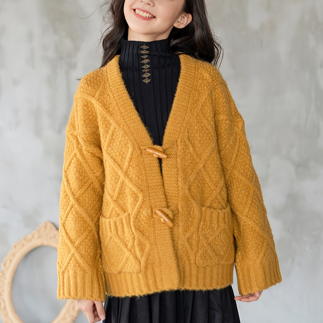 Casual Pockets Knit Cardigan Coat For Girls, Solid Color Long Sleeve Knitted Outerwear Winter/ Fall Clothing, 1pc