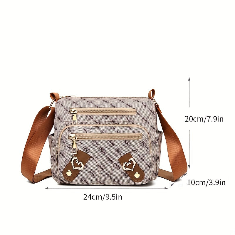 realaiot  Fashion Plaid Pattern Crossbody Bag, Women's Multi Pockets Purse, Heart Decor Faux Leather Shoulder Bag