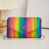 Chevron Quilted Crossbody Bag, Rainbow Design Square Purse, Fashion Chain Shoulder Bag