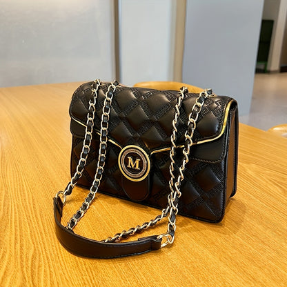 realaiot  Letter "M" Flap Square Shoulder Bag For Women, Argyle Pattern Chain Elegant Chic Crossbody Bag