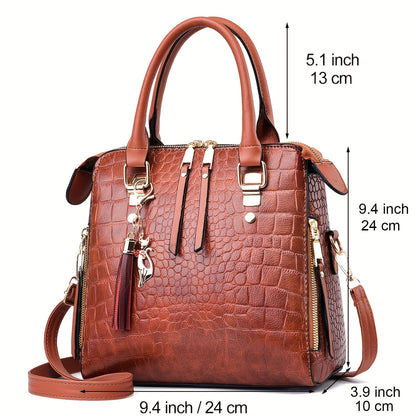 realaiot  Crocodile Embossed Handbags, Tassel Decor Crossbody Bag, Top Handle Satchel Purse For Women