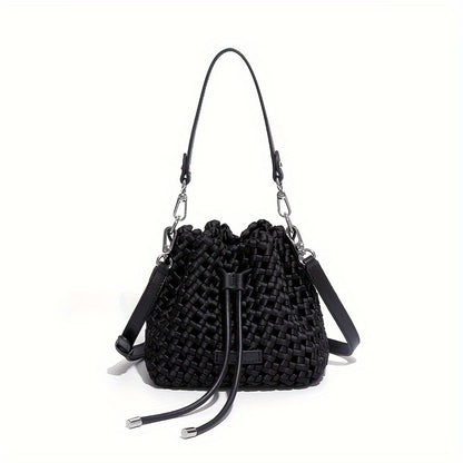 realaiot 2024 New Braided Design Bucket Bag, Solid Color Mini Fashion Trendy Handbag, Mini Leisure Shoulder Bag