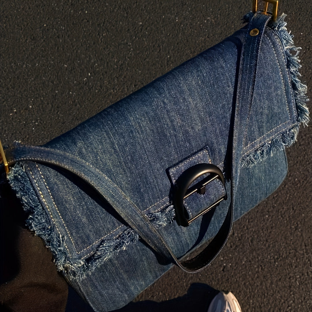 realaiot  Raw Trim Denim Shoulder Bag, Vintage Buckle Underarm Bag, Women's Flap Square Purse