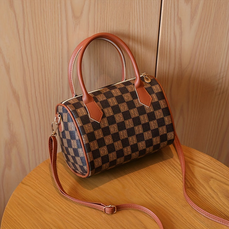 realaiot  Vintage Textured Boston Handbag, Small Top Handles Zipper Satchel Bag With Checkerboard Pattern