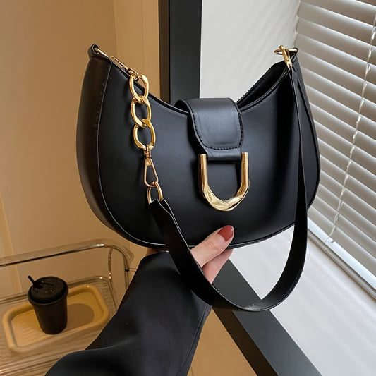 realaiot  Minimalist Zipper Hobo Bag, Fashion Buckle Decor Shoulder Bag, Women's Crescent Handbag