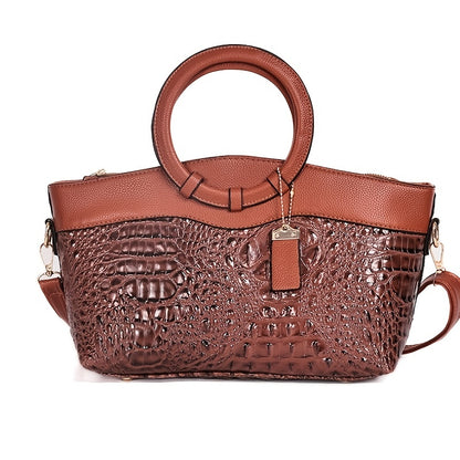 Women's Vintage Shoulder Bag, Crocodile Pattern Satchel Bag With Round Strap, Versatile Handbag