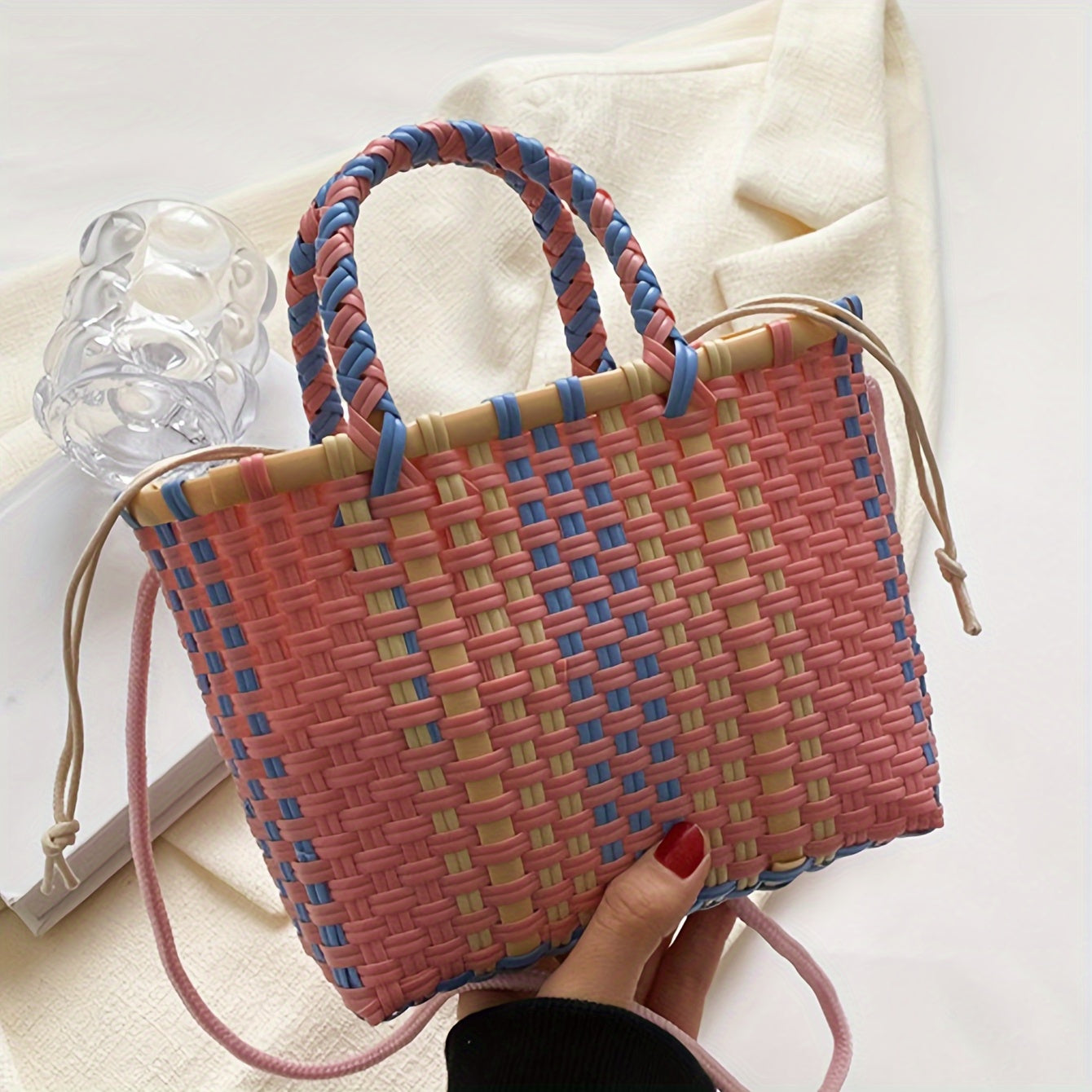 realaiotColorful Woven Handbag, Mini Drawstring Crossbody Bag, Fashion Travel Vacation Beach Bag For Women