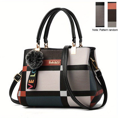 realaiot  Plaid Pattern Satchel Bag, Stylish Colorblock Double Handle Purse, Women's Fashion Crossbody Bag