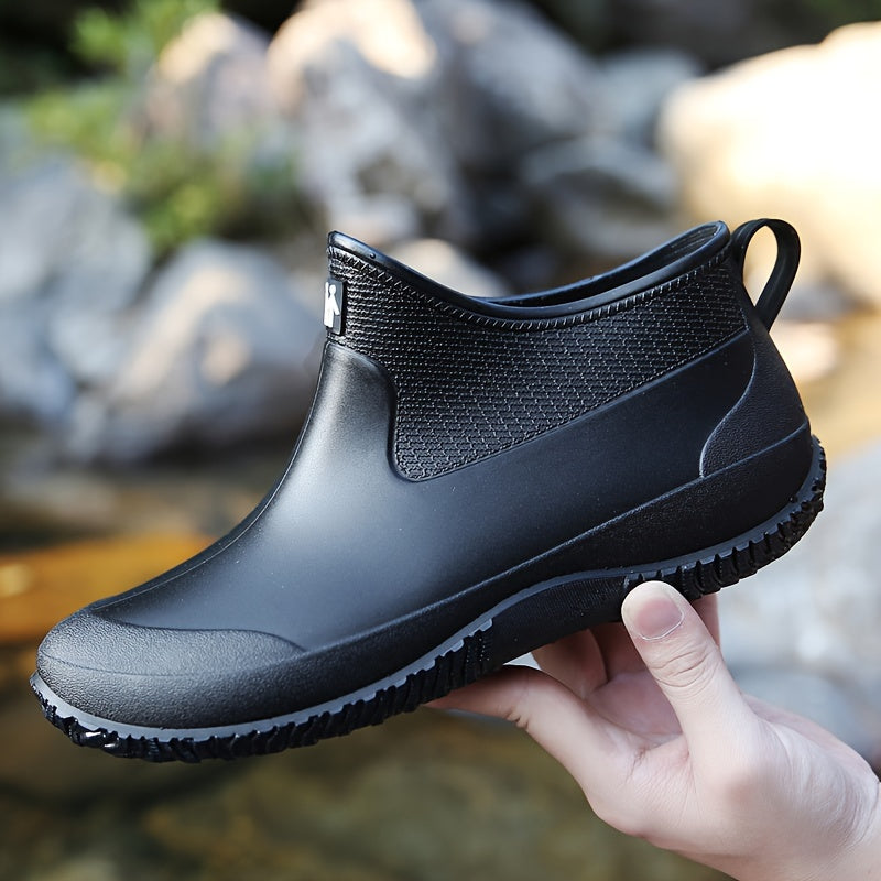 Waterproof Ankle Boots for Men - Comfy, Non-Slip, Durable, Solid Color Slip-On Shoes for Camping, Hiking, Outdoor Activities - All-Season, PVC Sole, Fabric Inner, Breathable, Easy to Clean