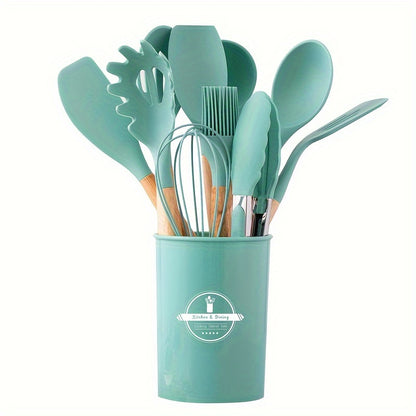 1 Set Kitchen Utensil Set, Silicone Cookware Set, 12pcs Silicone Kitchen Utensil Set, Wooden Cooking Utensils, Kitchen Gadgets, Silicone Cutlery Set, Kitchen Tools With Storage Bucket