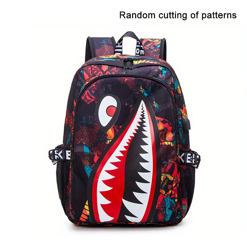 Shark Pattern Backpack, Trendy Nylon Student School Bag, Lightweight Travel Bookbag With USB Charging Port