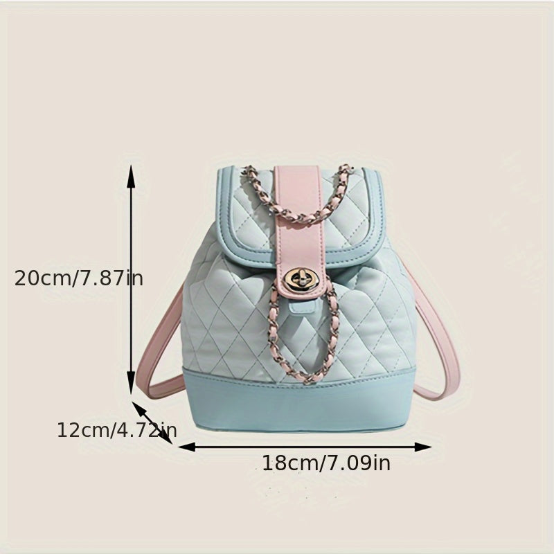 realaiot Mini Argyle Quilted Flap Backpack, Fashion Drawstring Daypack, Women's Chain Shoulder Bag