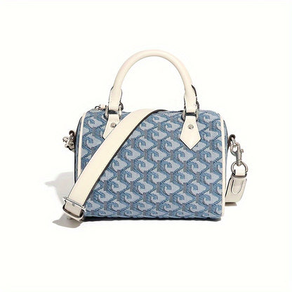 Western Style Blue Geometric Pattern Boston Handbag, Classic Versatile Zipper Satchel Bag For Women