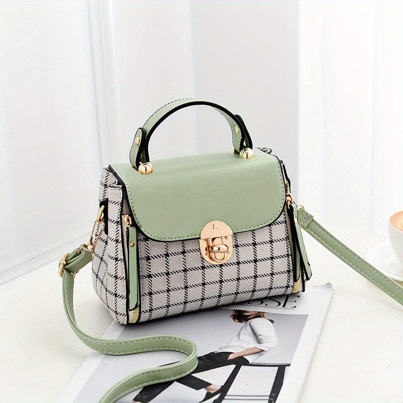 realaiot  Plaid Pattern Portable Handbag, Faux Leather Flap Shoulder Bag, Fashion Adjustable Strap Crossbody Bag