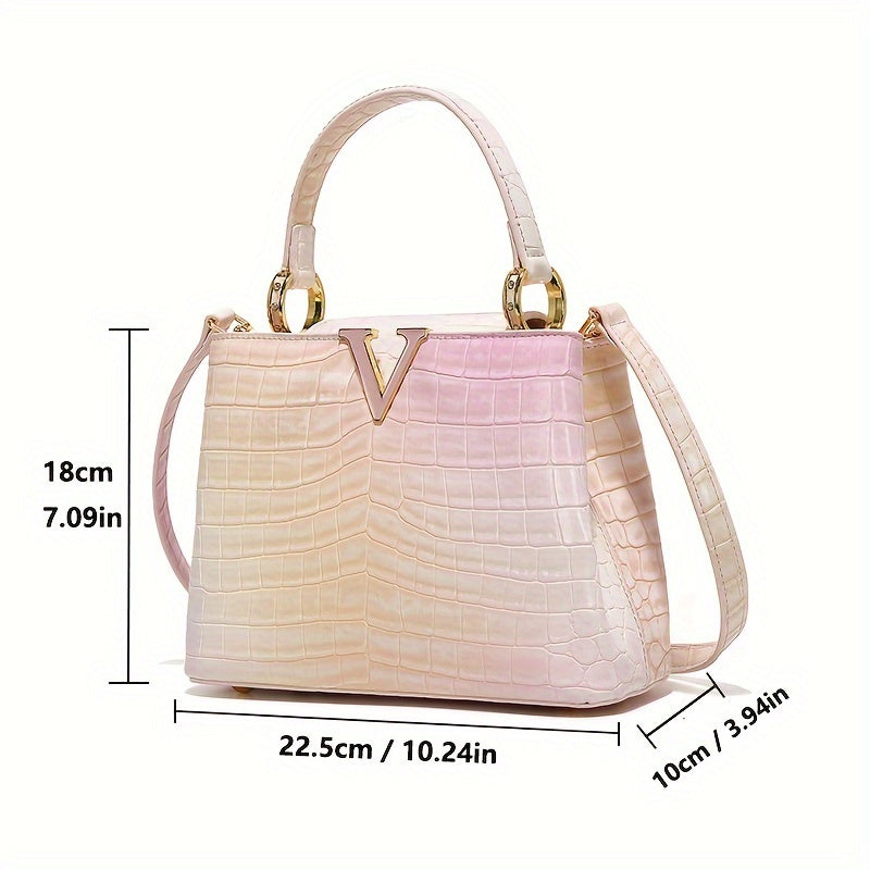 realaiot  Genuine Leather Handbag, Gradient Color Crossbody Bag, Luxury Crocodile Pattern Shoulder Bag, Purse For Women