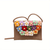 realaiot  Flower Handwoven Crossbody Bag, Cute Colorblock Shoulder Bag, Women's Casual Handbag & Purse