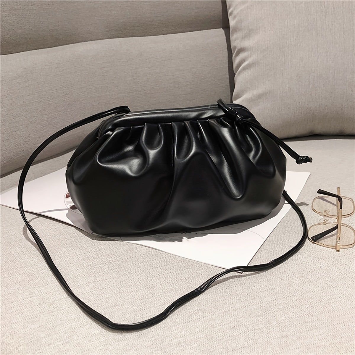 realaiot  Trendy Pleated Crossbody Bag, PU Leather Solid Color Shoulder Bag, Perfect Sling Bag For Daily Use