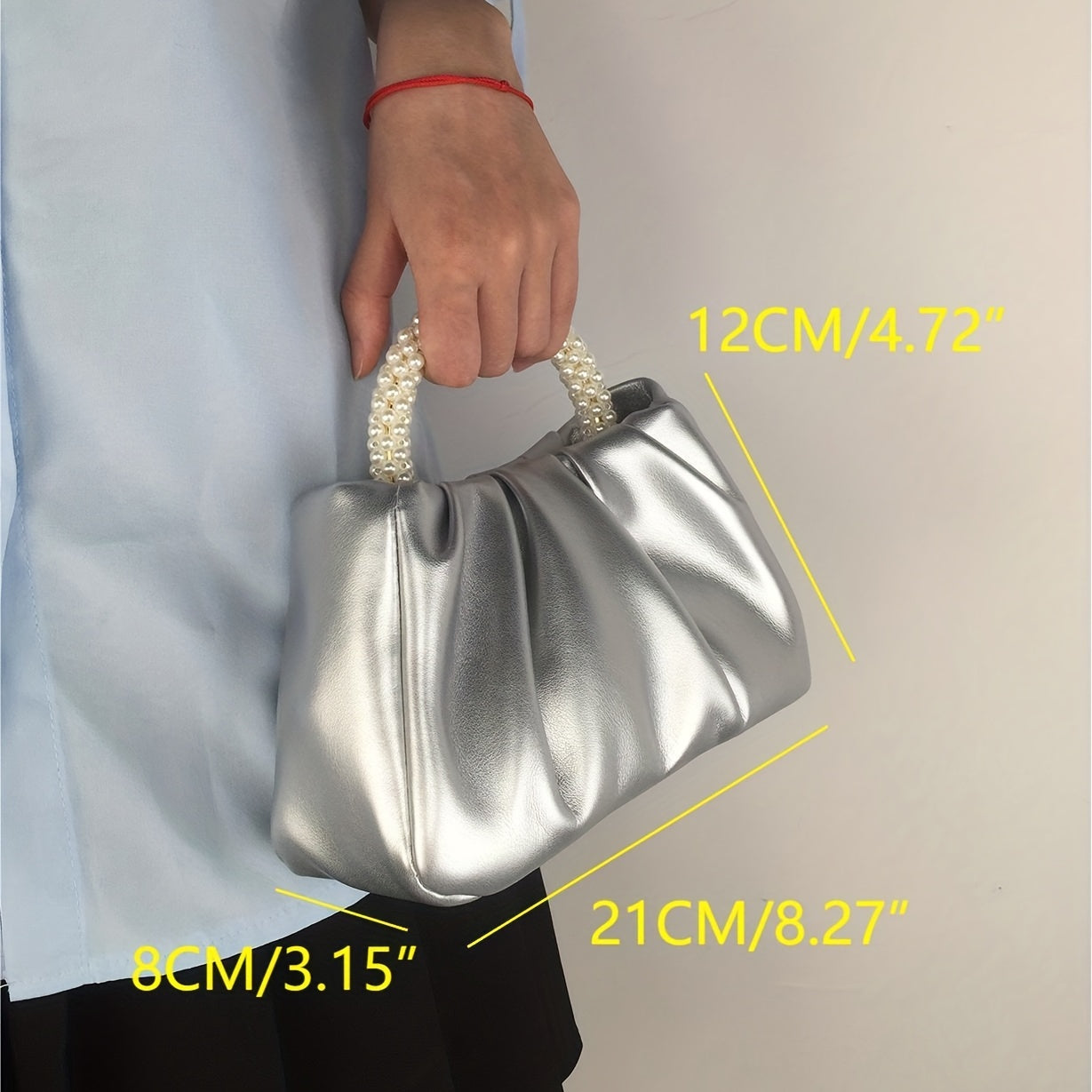 realaiot  Trendy Niche Ruched Design Satchel Bag, Solid Color Handbag With Top Bead Decor Handle