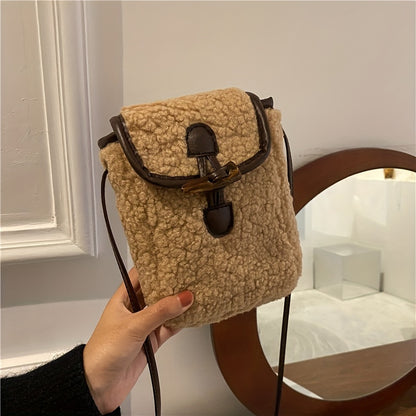 realaiot Simple Plush Mobile Phone Bag, Women Faux Lambswool Crossbody Bag, Fashion Autumn Winter Square Purse