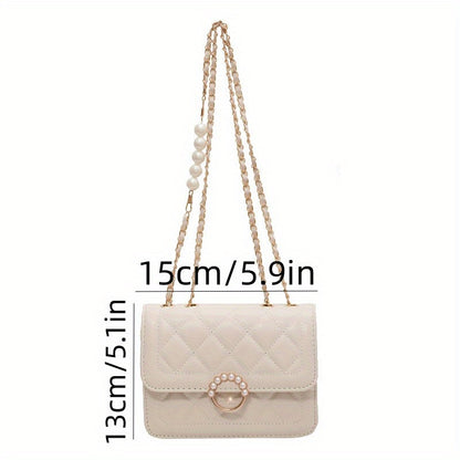 realaiot  Quilted Square Flap Crossbody Bag, Fashion Luxury PU Leather Purse With Pearl Chain, Women's Classic Versatile Handbag & Shoulder Bag