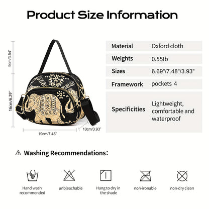 realaiot  Elephant & Floral Printed Shoulder Bag, Stylish Nylon Crossbody Bag, Casual Going Out Handbag